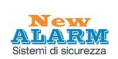 Logo "New Alarm" con testo "Sistemi di sicurezza" su sfondo bianco.
