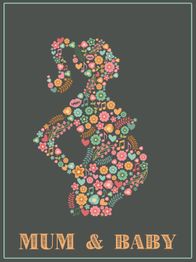 Silueta de mujer embarazada formada por flores y notas musicales, texto "Mum & Baby".