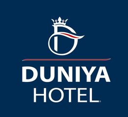 Logo of Duniya Hotel with a stylized "D" and crown on a blue background.