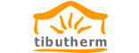 Ein orangefarbenes Logo mit einem Dach und Flammen, darunter der Text "tibutherm".