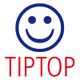 Lächelndes Gesicht im blauen Kreis über dem roten Text „TIPTOP“.