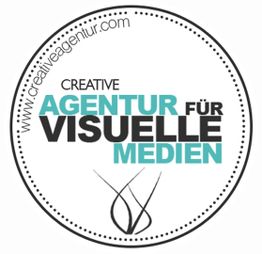 Kreislogo mit Text: "Creative Agentur für visuelle Medien" und einer Webseite am Rand.