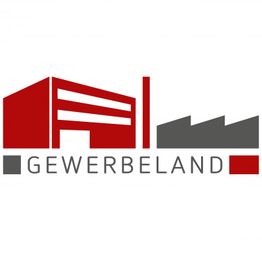Logo von Gewerbeland mit roten und grauen Gebäudesilhouetten.