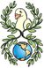 Taube auf Olivenzweigen über einer Weltkugel, symbolisiert Frieden und Einheit.