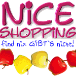 Text "Nice Shopping"; darunter "find nix gibt's nicht!" mit roten, gelben Äpfeln im Hintergrund.