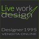 Testo grafico con "Live work design" e "Designer1995 VENDITA ONLINE" su sfondo scuro.