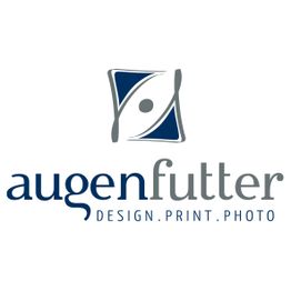 Logo mit Schriftzug "augenfutter" und Symbol. Untertitel: "DESIGN. PRINT. PHOTO".