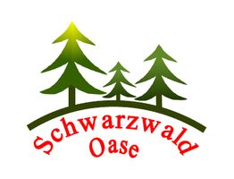 Drei grüne Tannen auf Hügel mit rotem Schriftzug: "Schwarzwald Oase".