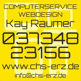 Gelber Hintergrund mit schwarzem Text: Computerservice, Webdesign, Kontaktdaten von Kay Raumer.