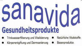 Sanavida-Logo: Gesundheitsprodukte, Wasserfilterung, Vitalstoffe, Entgiftung und Basenprodukte.