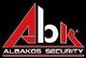 Logo mit Schriftzug "ALBAKOS SECURITY" in Rot und Weiß auf schwarzem Hintergrund.