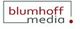 Logo von Blumhoff Media mit rotem und grauem Text auf weißem Hintergrund.