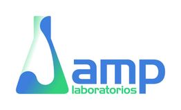 Logo de "amp laboratorios" con texto en azul y verde, y un matraz estilizado.