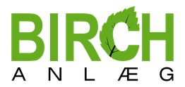 Grønt logo med teksten "BIRCH ANLÆG" og et blad som prikken over bogstavet "I".