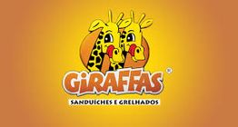 Logo do Giraffas com duas girafas sorridentes e fundo laranja. Escrito: "Sanduíches e Grelhados".