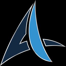 Abstraktes blaues und schwarzes dreieckiges Logo auf schwarzem Hintergrund.