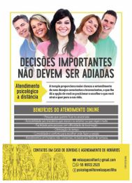 Cinco pessoas sorrindo com texto promovendo atendimento psicológico online e seus benefícios.