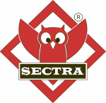 Rotes Logo mit Eule und Schriftzug "SECTRA" in braunem Kästchen auf weißem Hintergrund.