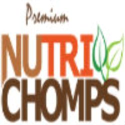 "Nutri Chomps logo with green leaf graphics above the text."