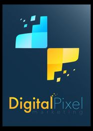 Logo van Digital Pixel Marketing, met blauwe en gele pixelvormen op een donkere achtergrond.