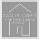 Logo of Paris Loft with house outline and text: "Fine Furnishings & Decor" on a gray background.