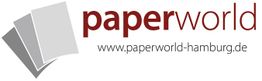 Logo von Paperworld Hamburg mit Webseite www.paperworld-hamburg.de und drei grauen Papierblättern.