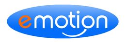 Textlogo "emotion" auf blauem Oval, das "e" ist orange, das "n" hat einen lachenden Bogen.