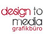 Logo mit dem Text: "design to media grafikbüro", in rot und schwarz.