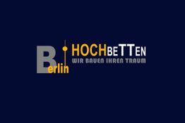 Logo mit Text "Berlin Hochbetten, wir bauen Ihren Traum" auf dunkelblauem Hintergrund.
