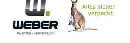 Logo von Weber Paletten + Verpackung mit Kängurus und dem Text "Alles sicher verpackt".