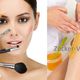 Frau mit Make-up-Pinseln und Bein mit Zuckerpaste zur Haarentfernung.