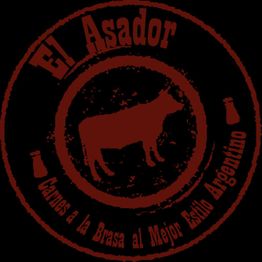 Sello rojo circular con una vaca y texto: "El Asador, Carnes a la Brasa al Mejor Estilo Argentino".