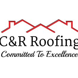 Logo of C&R Roofing with red roof design and "Committed To Excellence" tagline.