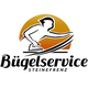 Logo: Person bügelt mit Bügeleisen, Text "Bügelservice Steinefrenz", Hintergrund in Orange.