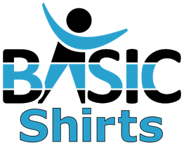 Logo mit der Aufschrift "BASIC Shirts" und stilisiertem Mensch in Blau und Schwarz.