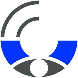 Abstraktes Logo mit grauen und blauen Formen, symmetrisch angeordnet, mit kreisförmigem Element.