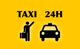 Iconos de taxi y persona con maleta. Texto: "TAXI 24H" en fondo amarillo.