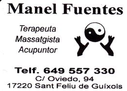 Tarjeta de visita de Manel Fuentes, terapeuta y masajista con contacto y dirección en España.