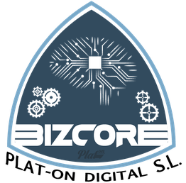 Logo de Bizcore con un circuito y engranajes en un fondo azul oscuro.