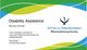 Visitenkarte von Disability Assistance mit Kontaktinformationen und Logo auf grünem Hintergrund.