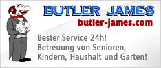 Karikatur eines Butlers mit Werbung: 24h-Service für Senioren, Kinderbetreuung, Haushalt, Garten.