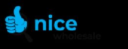 Blue thumbs up next to the word "nice" on a black background, with "wholesale" underneath.