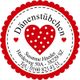 Rotes Herz mit Punkten und Text "Dänenstübchen" sowie Adresse und Telefonnummer im Kreis.