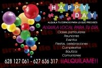 Cartel de "Happy Day" con globos de colores y texto sobre alquiler para eventos y celebraciones.