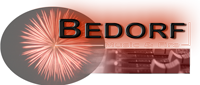 Logo mit rotem Feuerwerkskörper und Text "Bedorf Music & Fire" in Schwarz und Rot.