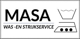 Logo van MASA was- en strijkservice met een wastrommel en strijkijzer pictogram.