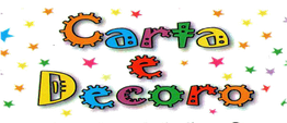 "Colorata scritta 'Carta e Decoro' circondata da stelline colorate su sfondo nero."