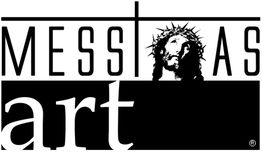 Schriftzug "MESSIAS art" mit Bild eines Mannes mit Dornenkrone im Buchstaben 'T'.