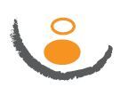 Abstraktes Logo mit orangefarbenem Kreis und Ring, umgeben von einem grauen Bogen.