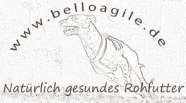 Hund mit Geschirr; Text: "www.belloagile.de Natürlich gesundes Rohfutter".